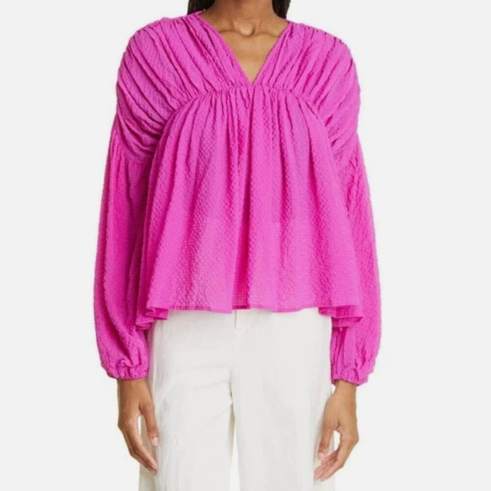 Stine Goya Maelys Ruched Blouse Top Long Sleeve Shirt Woven Pink New Size Small